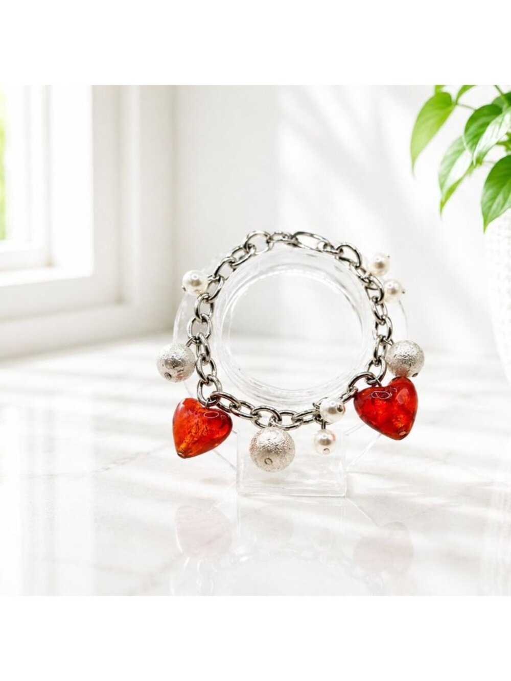 Vintage Red Heart Charm Bracelet With Silver & Pearl Beads Toggle Clasp 7.5 Inch
